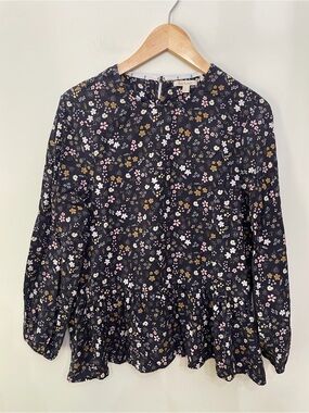 Barbour Amelda Peasant Blouse Top Navy Blue Floral Long Sleeve Womens US 6 UK 10
